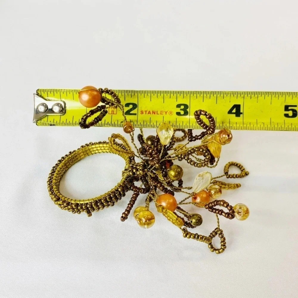 Set of 6 Pier 1 Beaded Floral Brown Gold Peach Napkin Rings